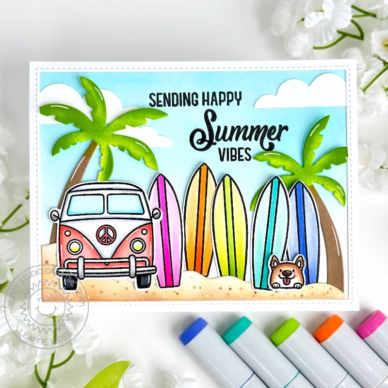 Sunny Studio Stamps Sending Happy Summer Vibes VW Bus, Palm Trees & Surf Boards using Tropical Trees Backdrop Metal Craft Die