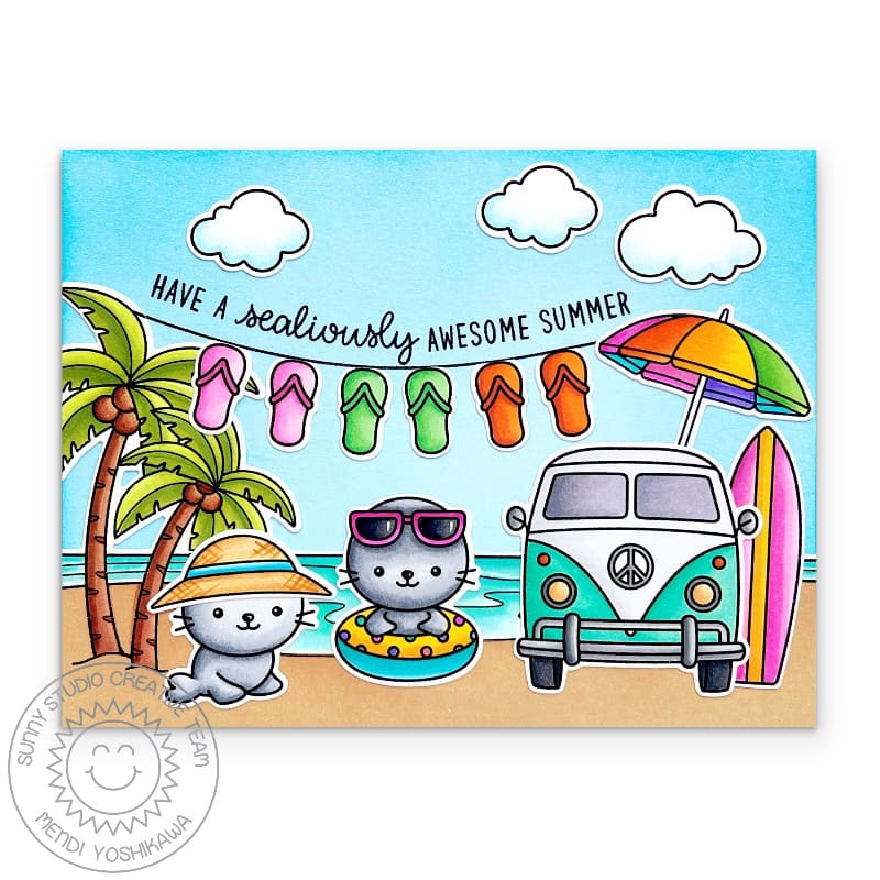 Sunny Studio Seals Playing on Beach with Flip Flops, Surf Board & Palm Trees Summer Card using Beach Bus Clear Craft Stamps