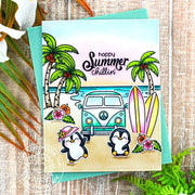 Sunny Studio Penguins Playing in the Ocean Waves with Palm Trees, Surfboards & VW Bug Summer Card using Beach Bus Clear Stamp