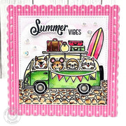 Sunny Studio VW Beach Bus with Critters & Luggage Scalloped Square Summer Card using Sprawling Surfaces Clear Craft Stamps