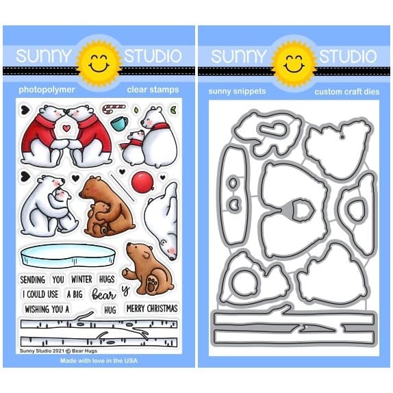 Sunny Studio Bear Hugs Winter Polar Bears with Birch Trees and Ice Block Clear Photopolymer Stamps & Metal Cutting Craft Dies