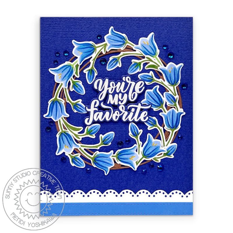 Sunny Studio Stamps You're My Favorite Navy Blue Bluebells Spring Floral Flower Wreath Card using Cornflower Blue Jewels