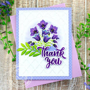 Sunny Studio Stamps Beautiful Bluebells Lavender Thank You Card using Frilly Frames Quatrefoil Background Metal Cutting Dies