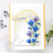 Sunny Studio Blue Floral Flowers with Vellum Butterflies Spring Birthday Card using Beautiful Bluebells Clear Layering Stamps