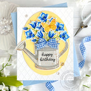 Sunny Studio Stamps Blue & Yellow Bluebell Flowers in Watering Can Spring Birthday Card using Stitched Oval Metal Craft Dies