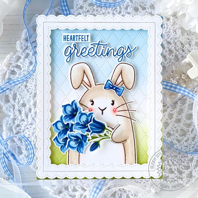 Sunny Studio Stamps Bunny Holding Beautiful Bluebells Blue Scalloped Card using Fancy Frames Rectangle Metal Cutting Dies