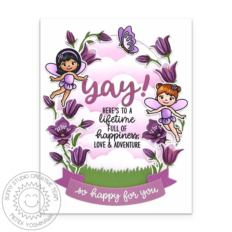 Sunny Studio So Happy For You Garden Fairies with Purple Flowers Card using Beautiful Bluebells 4x6 Clear Layering Stamps