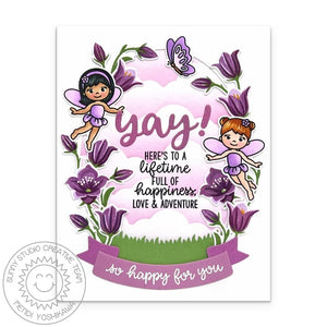 Sunny Studio Stamps So Happy For You Garden Fairies with Bluebells Flowers Card using Brilliant Banner 2 Metal Cutting Dies