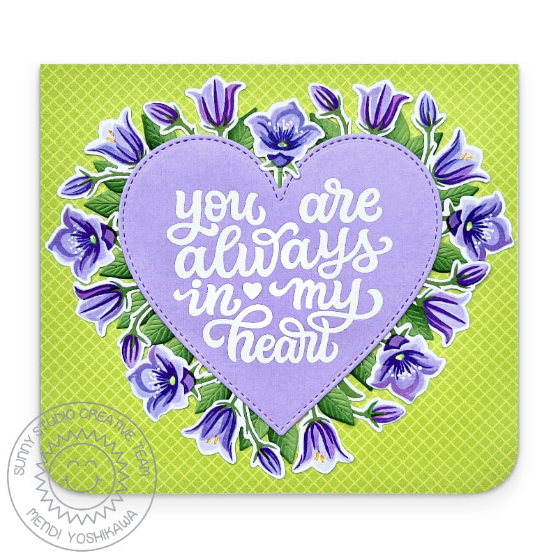 Sunny Studio You Are Always In My Heart Green & Lavender Floral Flower Card using Beautiful Bluebells Clear Layering Stamps
