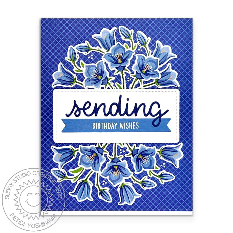Sunny Studio Sending Birthday Wishes Blue Floral Flowers Handmade Card using Beautiful Bluebells 4x6 Clear Layering Stamps