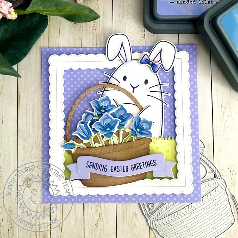 Sunny Studio Rabbit Holding Basket of Blue Floral Flowers Scalloped Spring Easter Card using Big Bunny Clear Craft Stamps