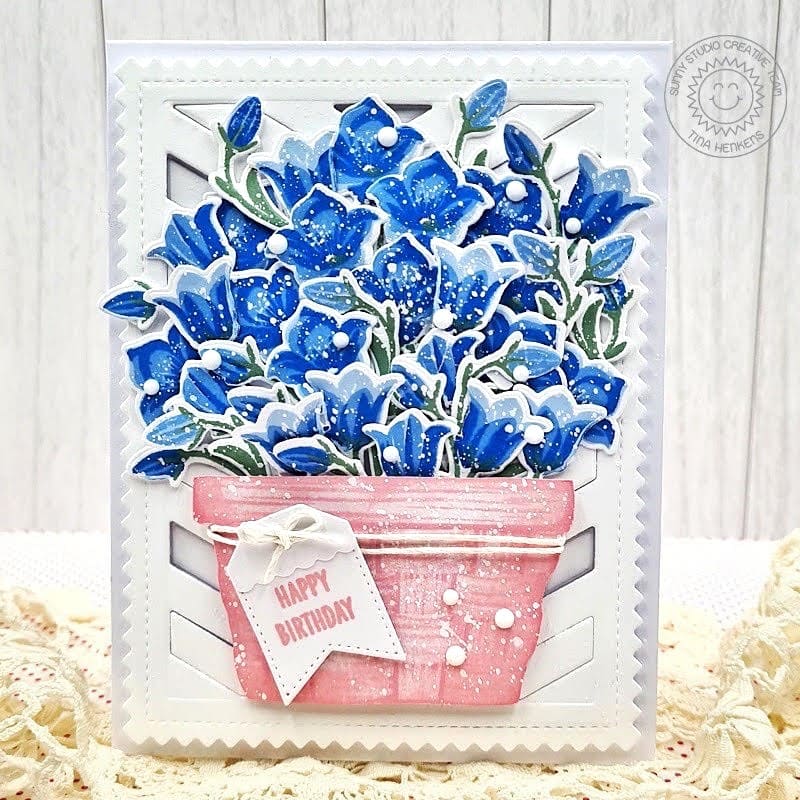 Sunny Studio Blue Floral Flowers in Basket Spring Birthday Card using Beautiful Bluebells 4x6 Clear Layering Craft Stamps