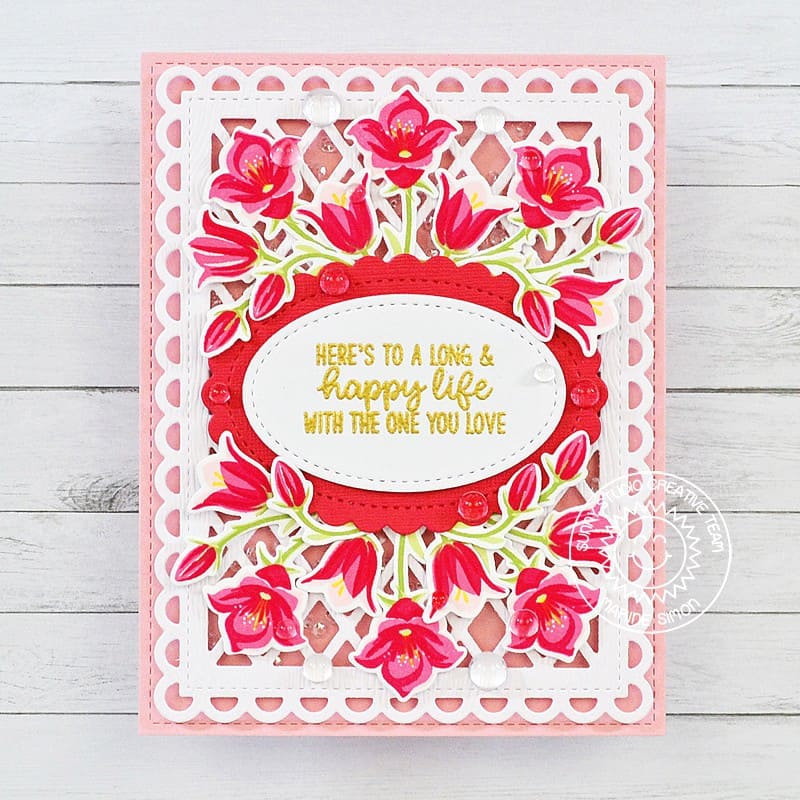 Sunny Studio Red Floral Flowers with Scalloped Lattice Bridal Wedding Card using Beautiful Bluebells Clear Layering Stamps