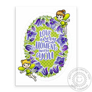 Sunny Studio Fairies with Purple Floral Flowers Scalloped Oval Frame Polka-dot Card using Garden Fairy Clear Craft Stamps