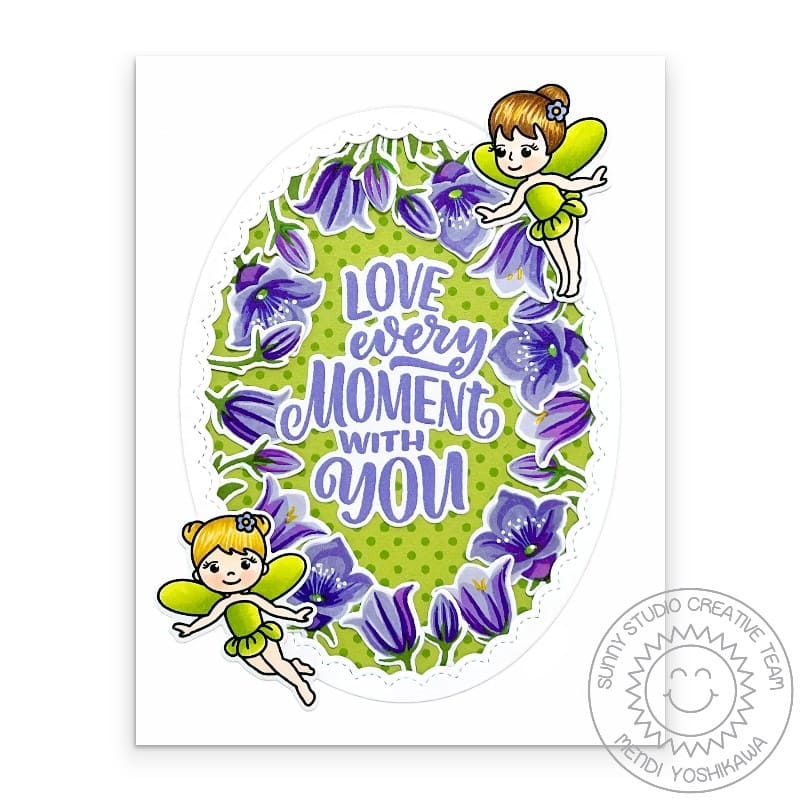 Sunny Studio Fairies with Purple Floral Flowers Scalloped Oval Frame Polka-dot Card using Garden Fairy Clear Craft Stamps