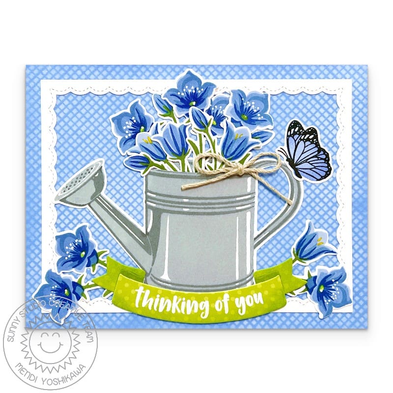 Sunny Studio Blue Floral Flowers in Watering Can Thinking of You Card using Background Basics 2 6x6 Mesh Clear Craft Stamps