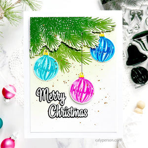 Sunny Studio Hanging Colorful Ornaments Christmas Card (using Bells & Baubles 4x6 Clear Layering Stamps)