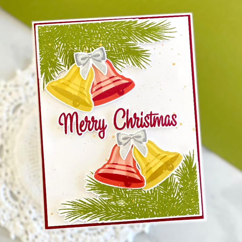 Sunny Studio Vintage Inspired Red & Gold Bell Ornaments Holiday Christmas Card using Bells & Baubles Clear Layering Stamps