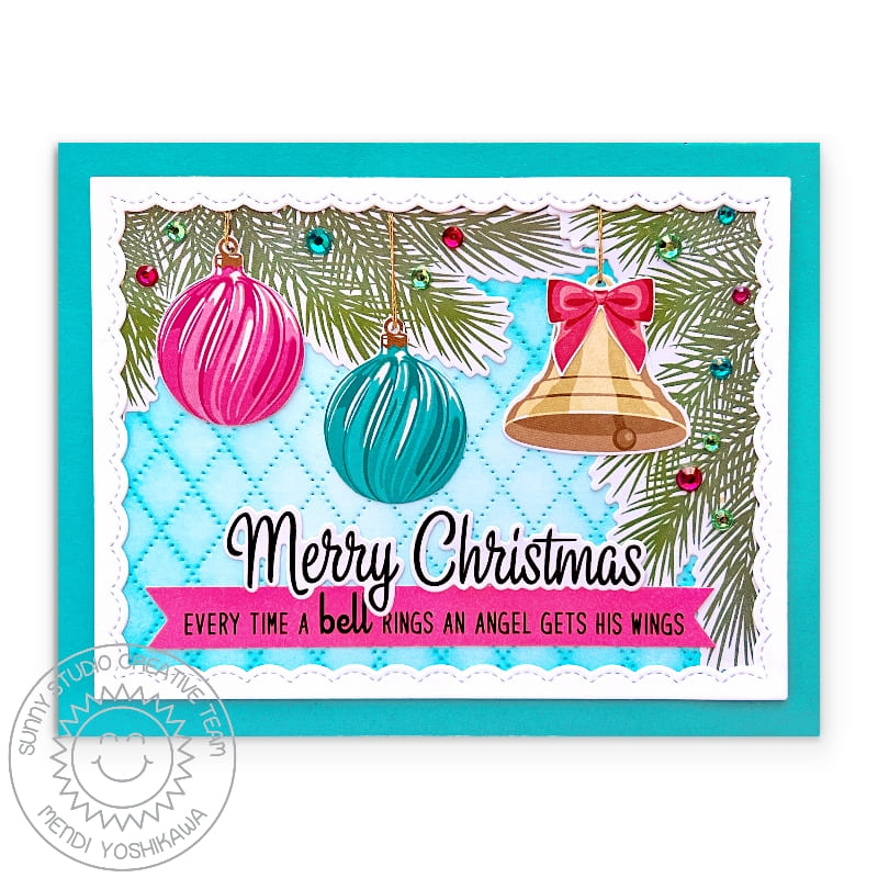 Sunny Studio Stamps Vintage Inspired Glass Ornaments & Gold Bell Holiday Christmas Card (using Fancy Frames Rectangle Scalloped Dies)