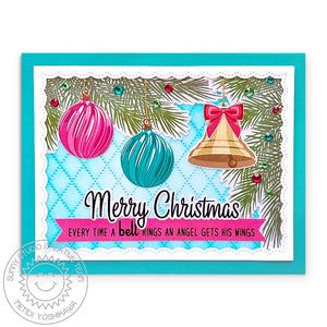 Sunny Studio Vintage Inspired Glass Ornaments & Gold Bell Holiday Christmas Card (using Bells & Baubles Clear Layering Stamps)