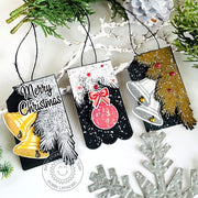 Sunny Studio Flocked Tree Branch & Hanging Ornaments Christmas Holiday Gift Tags using Bells & Baubles Clear Layering Stamps