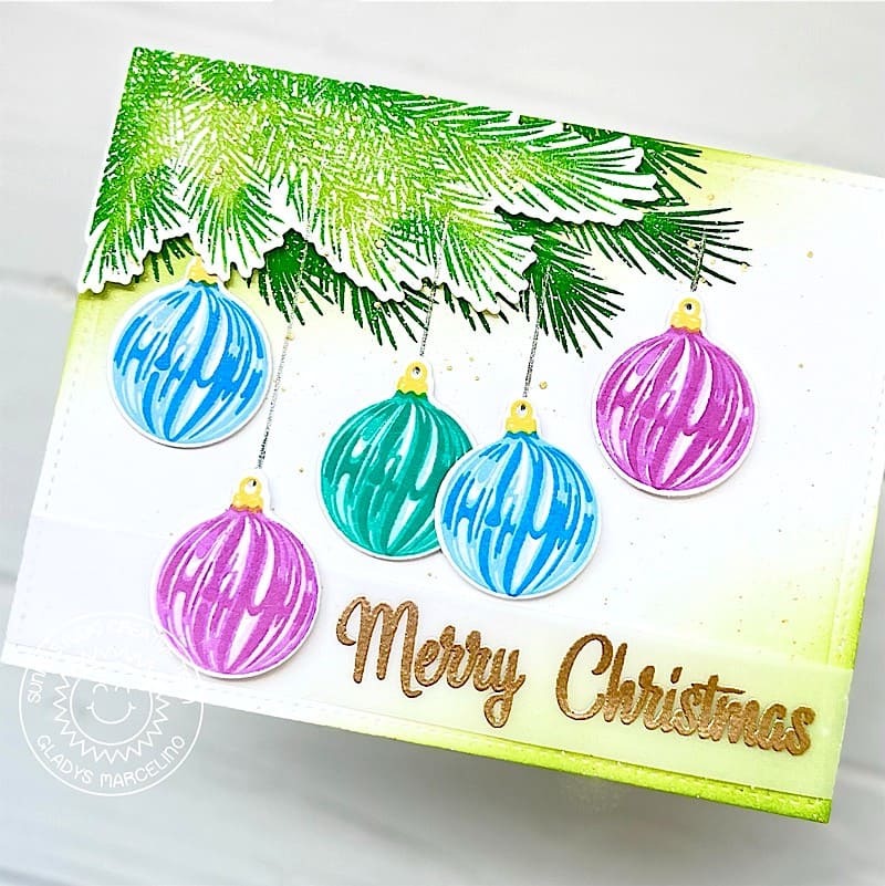 Sunny Studio Tree Branch with Hanging Colorful Ornaments Christmas Card using Bells & Baubles 4x6 Clear Layering Stamps