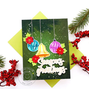 Sunny Studio Red & Green Retro Vintage Glass Ornaments Holiday Christmas Card using Bells & Baubles 4x6 Clear Layering Stamp