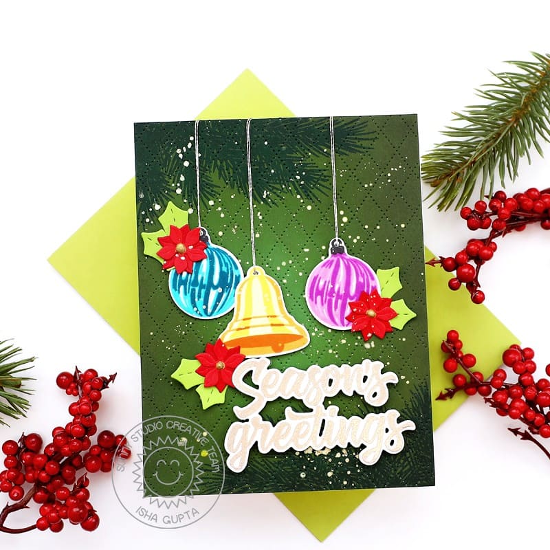 Sunny Studio Stamps Red & Green Vintage Glass Ornaments Holiday Christmas Card using Dotted Diamond Portrait Background Die