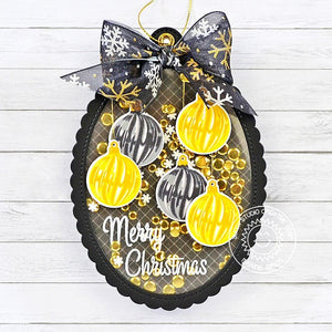 Sunny Studio Gold & Silver Ornaments & Black Scalloped Oval Christmas Holiday Shaker Card using Bells & Baubles Clear Stamps