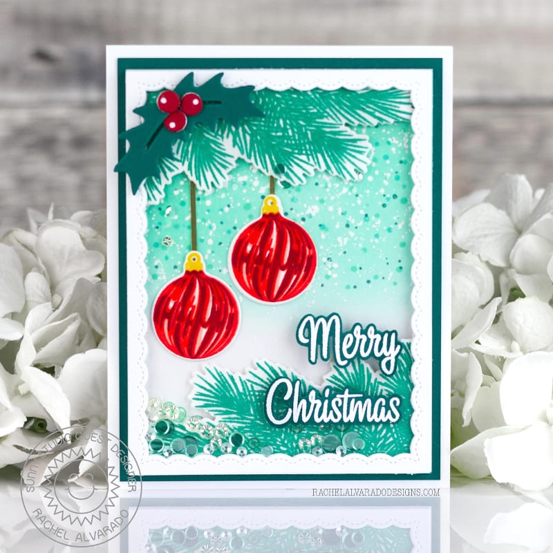 Sunny Studio Red Ornaments Hanging from Holly Christmas Tree Holiday Shaker Card using Bells & Baubles Clear Layering Stamps