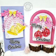 Sunny Studio Pink Vintage Bells & Glass Ball Ornaments Holiday Christmas Card using Bells & Baubles Clear Layering Stamps