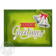 Sunny Studio Silver Bells & Red Bow Ornament Handmade Holiday Christmas Card using Bells & Baubles Clear Layering Craft Stamp