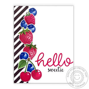 Sunny Studio Stamps Berry Bliss Hello Sweetie Strawberry, Blueberry & Cherry Card using color layering stamps