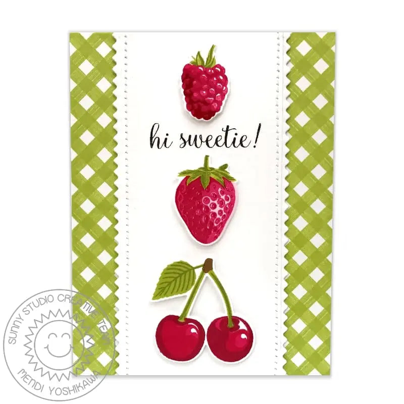 Sunny Studio Green Gingham Berries & Cherries Card using Background Basics Border Stamps