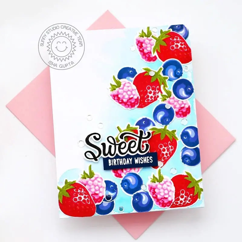 Sunny Studio Sweet Birthday Wishes Strawberries, Raspberries & Blueberries Card using Berry Bliss 4x6 Clear Layering Stamps
