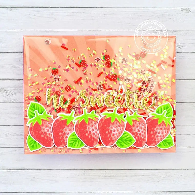 Sunny Studio Hi Sweetie Strawberry Strawberries Glitter Summer Shaker Card (using Berry Bliss 4x6 Clear Layering Stamps)