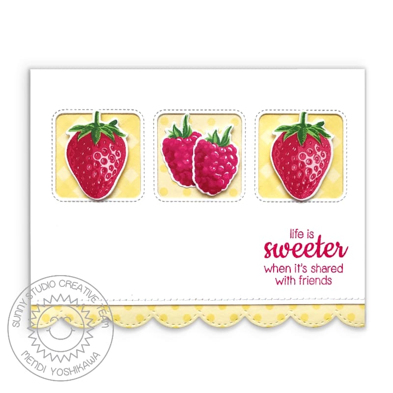 Sunny Studio Stamps Raspberry & Strawberry Yellow Gingham Card using Window Trio Square Metal Cutting Dies