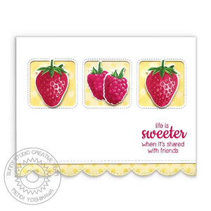 Sunny Studio Stamps Berry Bliss Sweeter Friend Yellow Gingham & Polka-dot Strawberry Card using Color Layering Stamps