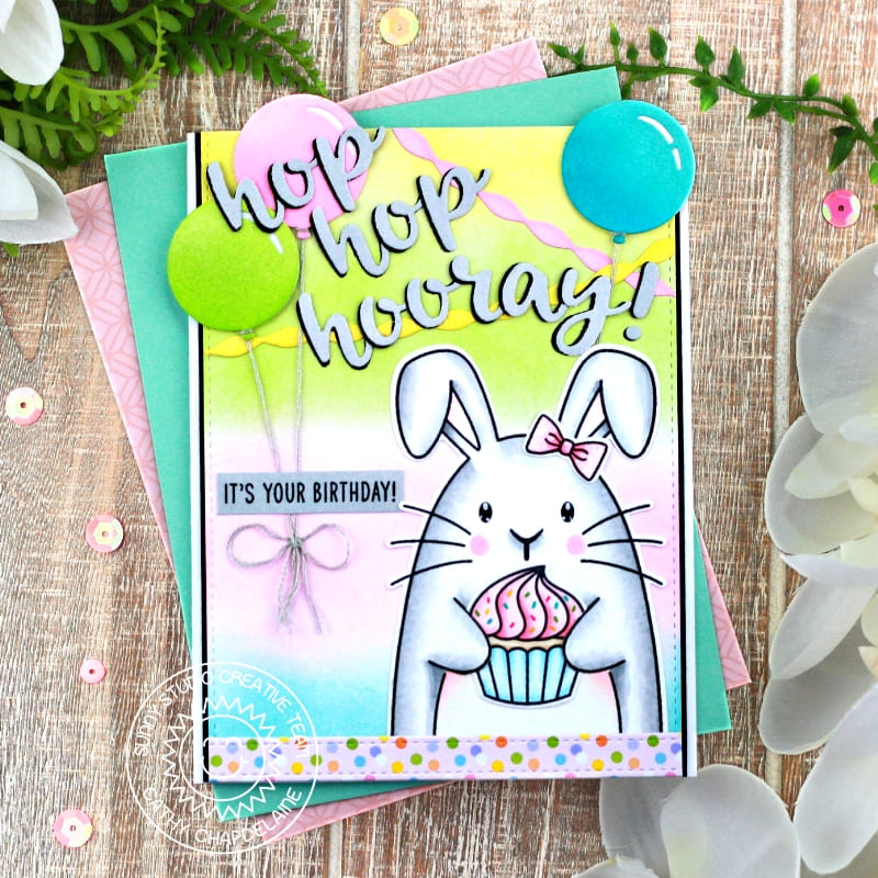 Sunny Studio Hop Hop Hooray Rabbit with Pastel Balloons & Cupcake Spring Birthday Card using Big Bunny 4x6 Clear Craft Stamps