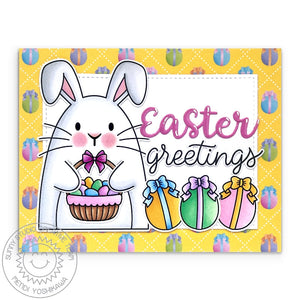 Sunny Studio Yellow Easter Greetings Rabbit Holding Easter Basket with Oversized Eggs Card using Big Bunny 4x6 Clear Stamps