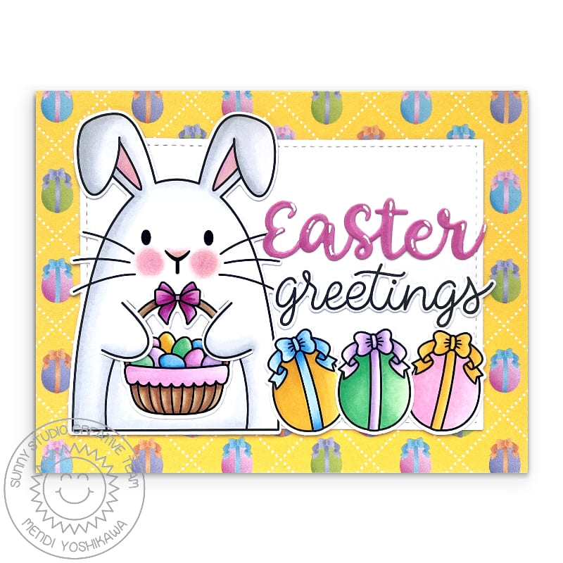 Sunny Studio Yellow Easter Greetings Bunny Holding Easter Basket with Eggs Card using Hayley Alphabet Uppercase Cutting Dies