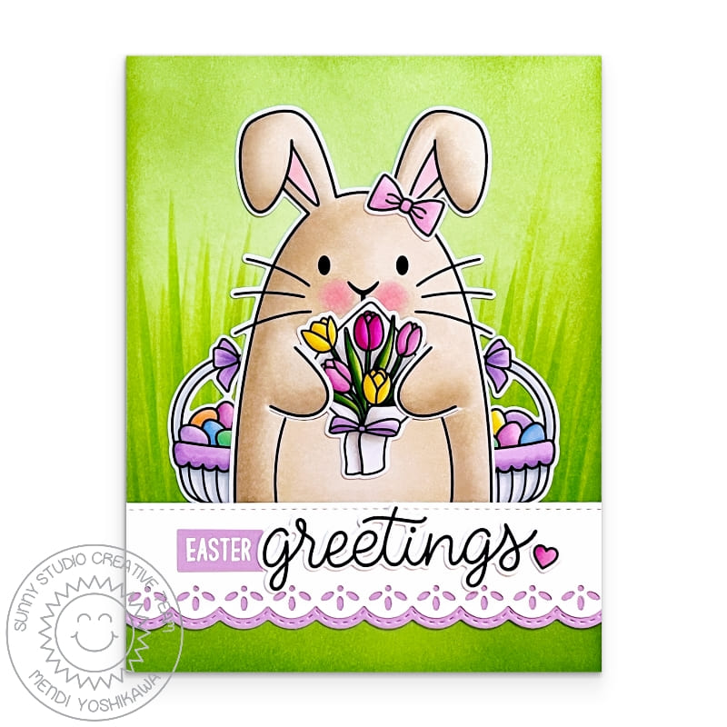 Sunny Studio Stamps Bunny Holding Tulips Bouquet with Easter Baskets Greetings Card using Ribbon & Lace Border Cutting Dies