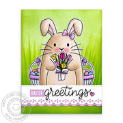 Sunny Studio Easter Greetings Rabbit Holding Tulip Bouquet with Easter Baskets & Grass Card using Big Bunny 4x6 Clear Stamps