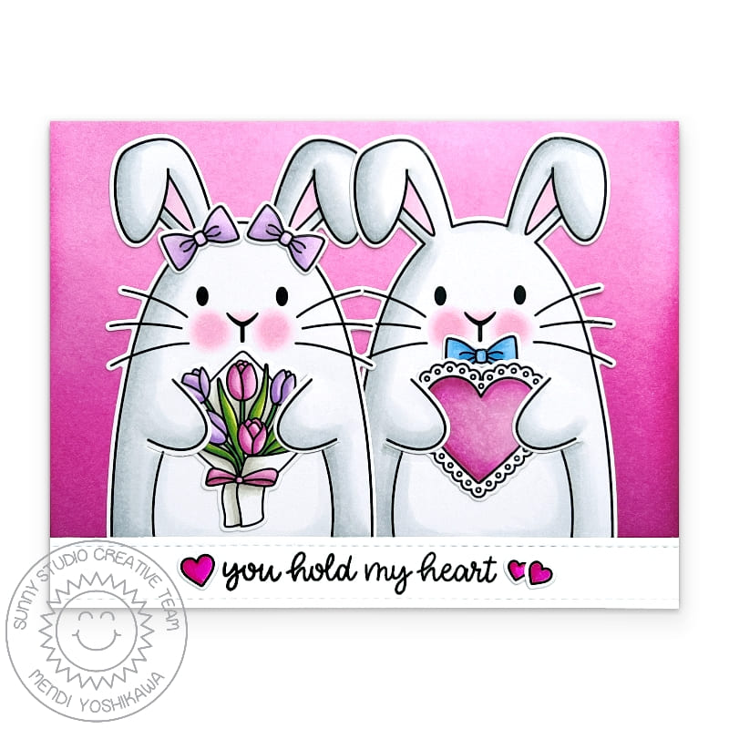 Sunny Studio You Hold My Heart Rabbit Girl & Boy Couple Holding Tulips Valentine's Day Card using Big Bunny 4x6 Clear Stamps