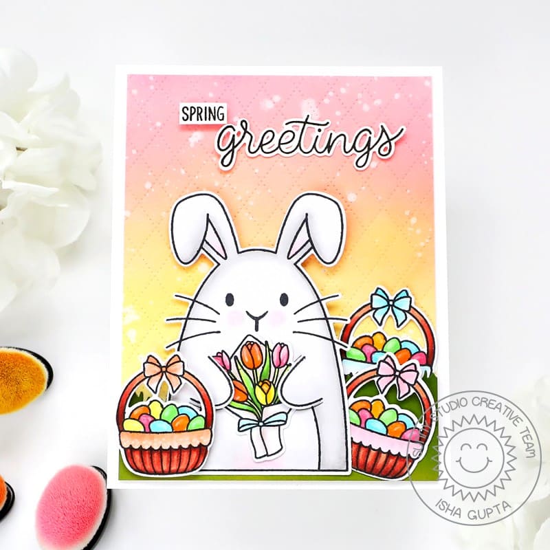 Sunny Studio Rabbit with Easter Baskets Quilted Spring Greetings Card using Big Bunny 4x6 Clear Craft Stamps
