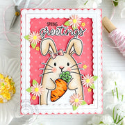 Sunny Studio Spring Greetings Rabbit Holding Giant Carrot Scalloped Coral Daisy Easter Card using Big Bunny 4x6 Clear Stamps