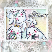 Sunny Studio Pastel Spring Bunny Peeking Bunnies Scalloped Easter Card by Nikki Meek using Big Bunny 4x6 Clear Craft Stamps