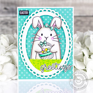 Sunny Studio Aqua Polka-Dot Rabbit with Easter Basket Scalloped Spring Greetings Card using Big Bunny 4x6 Clear Craft Stamps