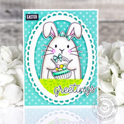 Sunny Studio Stamps Aqua Polka-Dot Rabbit with Easter Basket Scalloped Oval Card using Mini Grass Border Metal Cutting Dies