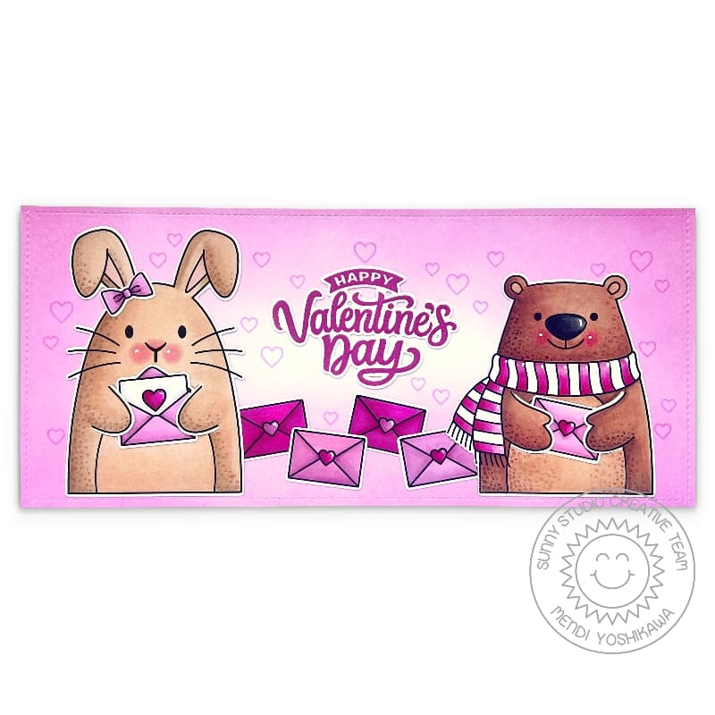Sunny Studio Rabbit & Bear Sending Love Letters Slimline Valentine's Day Love-Themed Card using Holiday Hugs Clear Stamps